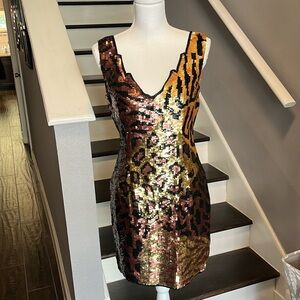 Brown & Gold Sequined & Black Beaded. Never Worn Beautiful After Five Dress. Sm